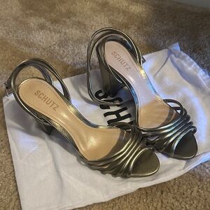 SCHUTZ Metallic Silver Strappy Heels